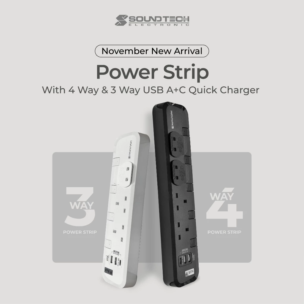 SOUNDTEOH Power Extension Cable Socket with USB + Type-C 5 Years Warranty